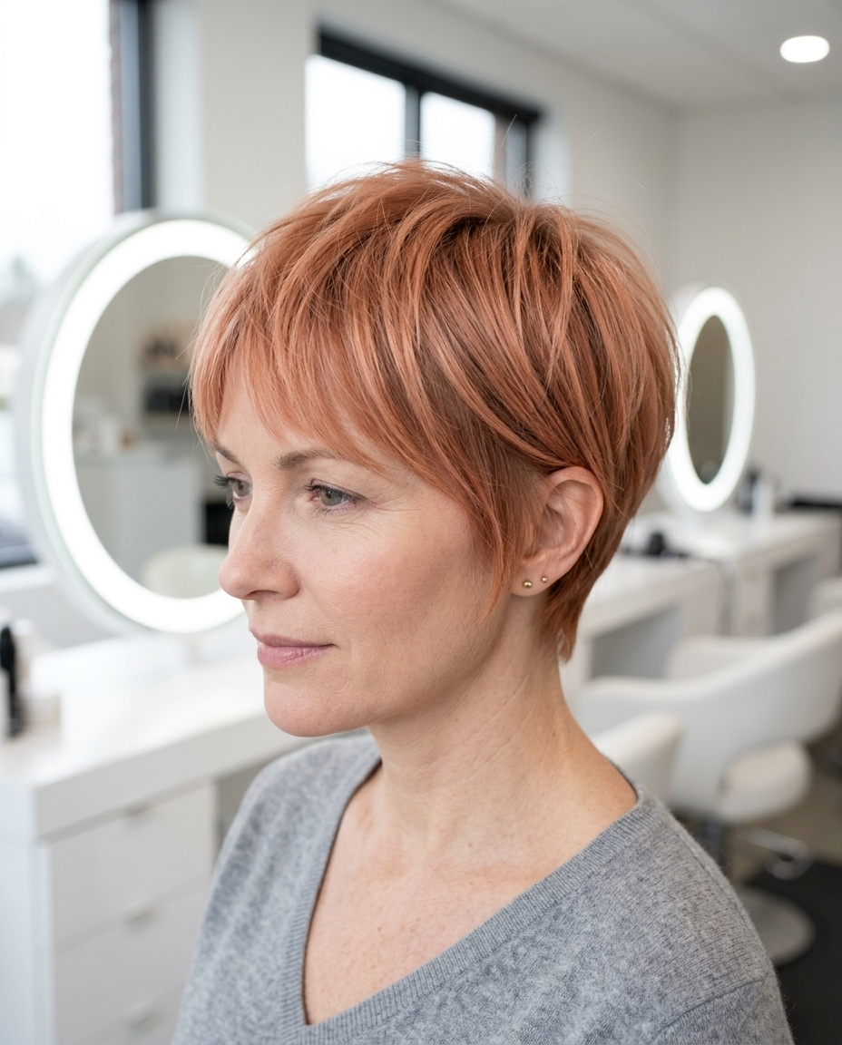 short apricot copper pixie haircut with textured layers and wispy fringe for summer