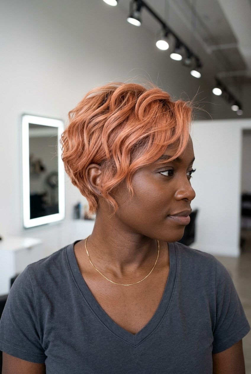 short wavy pixie haircut in apricot copper with textured layers and tapered sides for festivals
