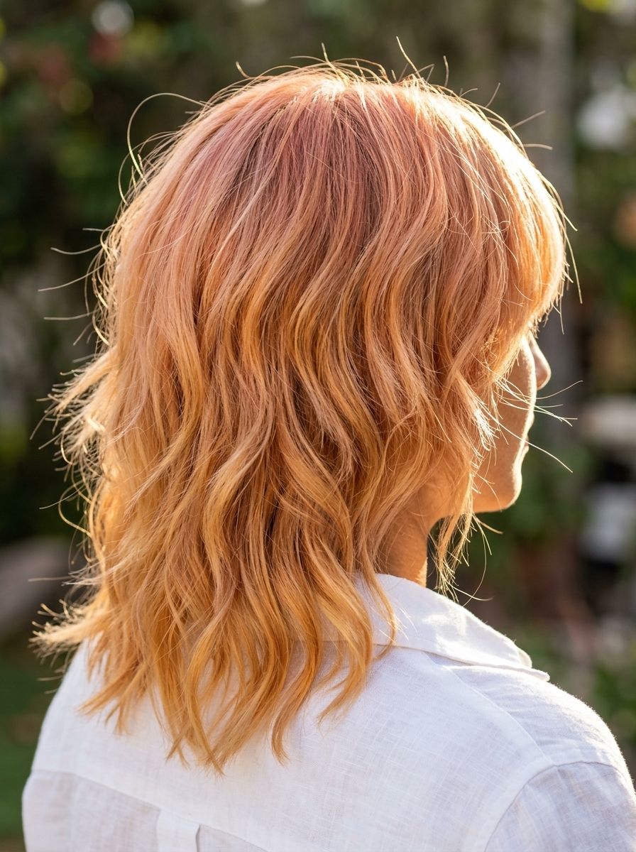 medium-length shag haircut with apricot crush color and choppy layers for summer