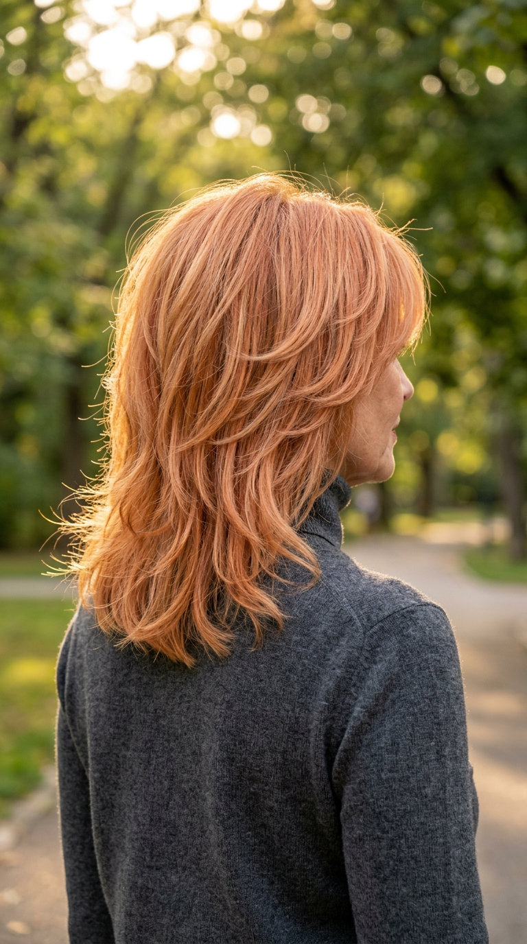 mid-length shag haircut in apricot crush with strawberry blonde highlights and feathered layers for bohemian look