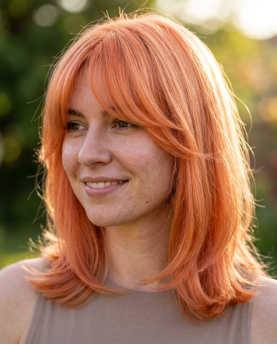 shoulder-length apricot crush butterfly haircut with peach undertones, full fringe, feathered layers — romantic date night