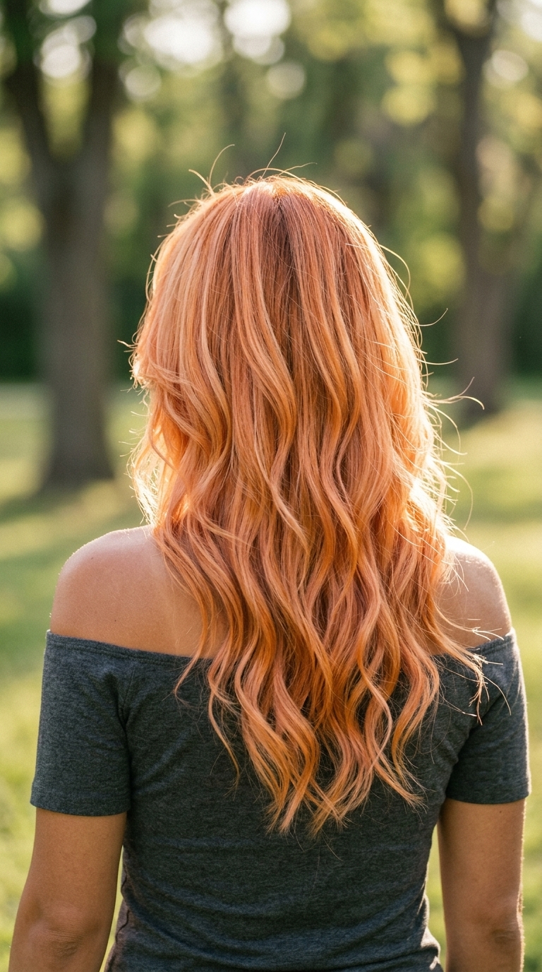 long layered haircut with apricot orange and peach highlights, cascading layers, soft face-framing — bohemian summer waves