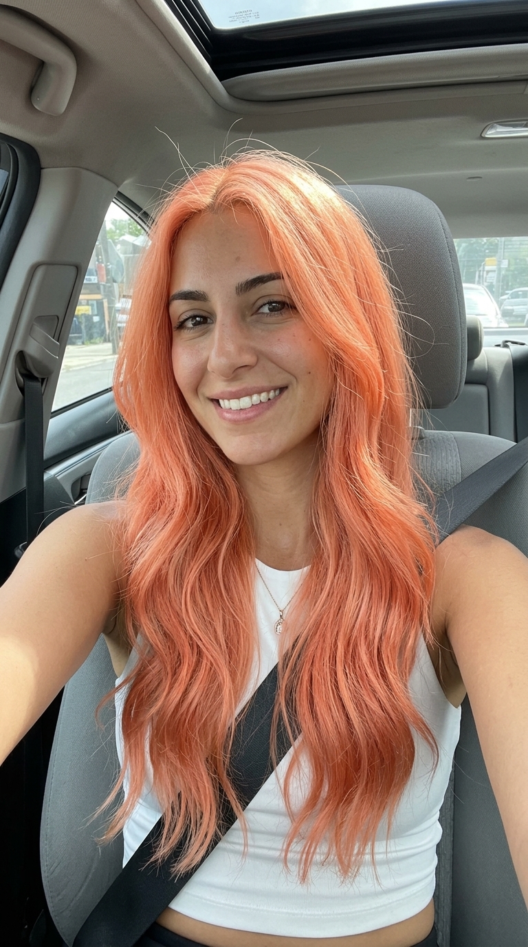 long wavy haircut in apricot crush with subtle layers and U-shape perimeter — playful summer style