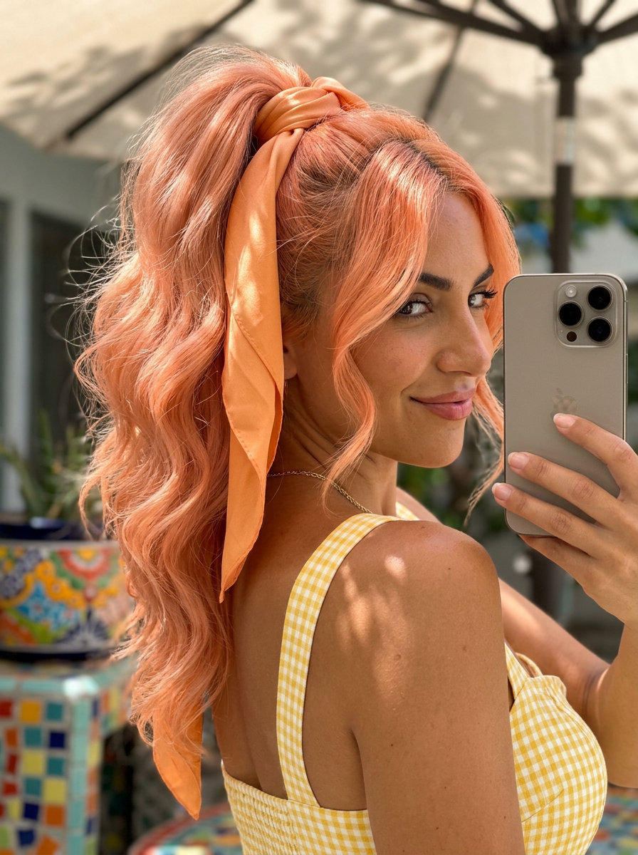 medium-long layered apricot barbiecore ponytail with soft waves for summer 2026