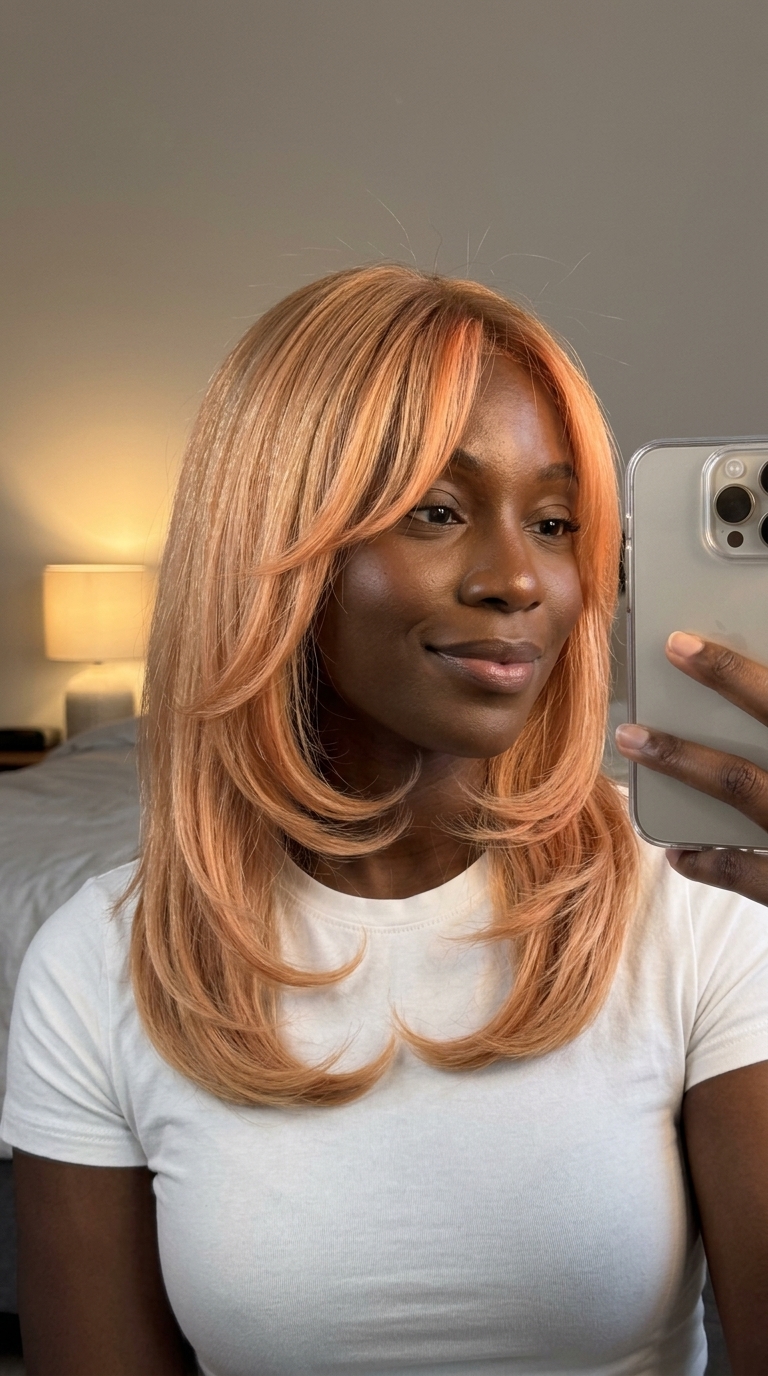 mid-length layered haircut with apricot crush and peach tones, C-shaped layers, soft curtain bangs — romantic date night
