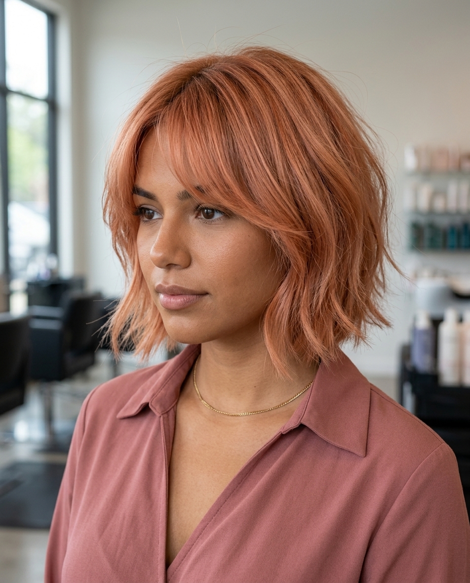 neck-grazing tousled bob haircut with apricot crush color, shattered layers, wispy fringe