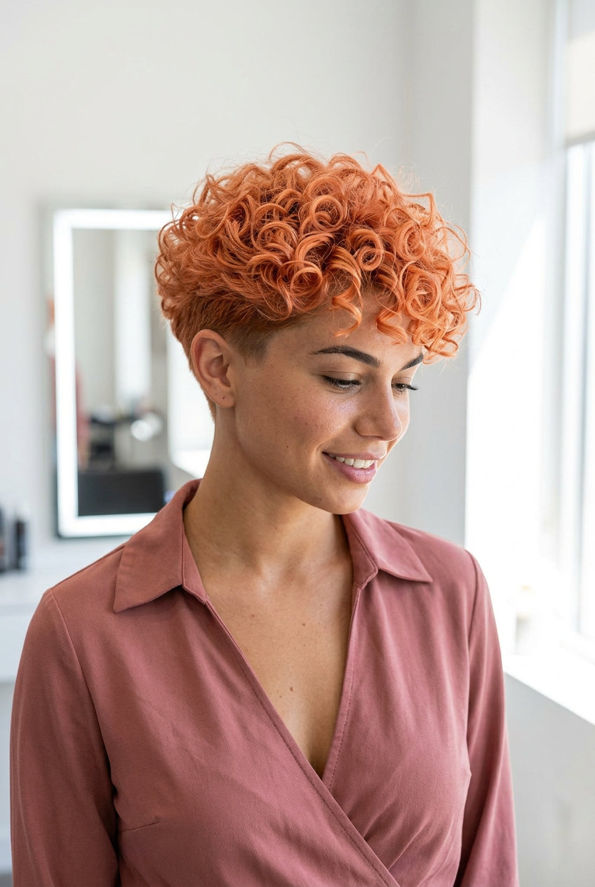 Apricot Orange Tapered Pixie for Curly Hair 2026 short curly tapered pixie cut with apricot crush, uniform color, clean fade — bold summer