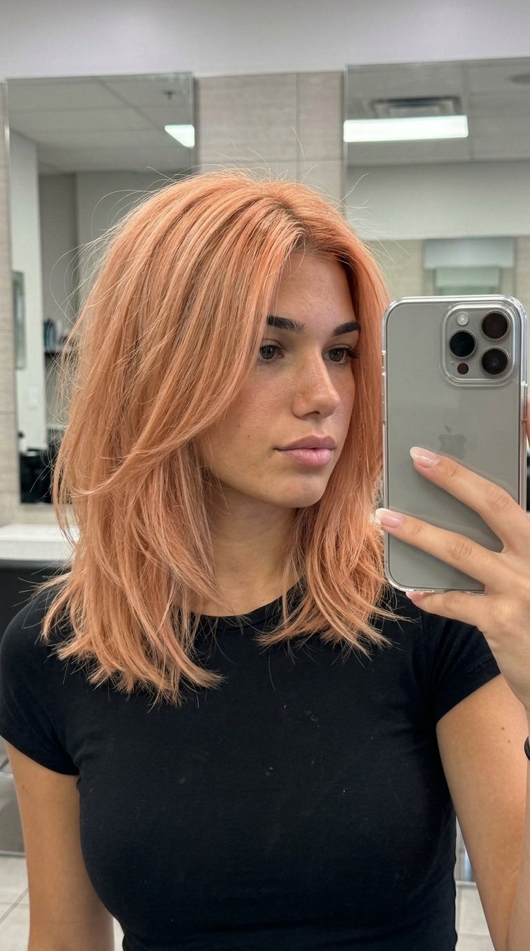 Peachy Keen Summer Lob 2026 medium lob haircut with apricot peach, subtle balayage, bottleneck fringe — playful