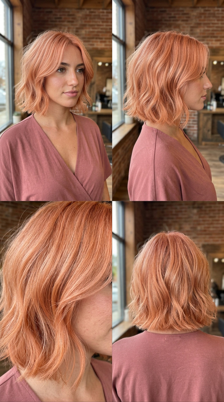 short apricot crush razor bob with peachy undertones and face-framing layers — playful weekend