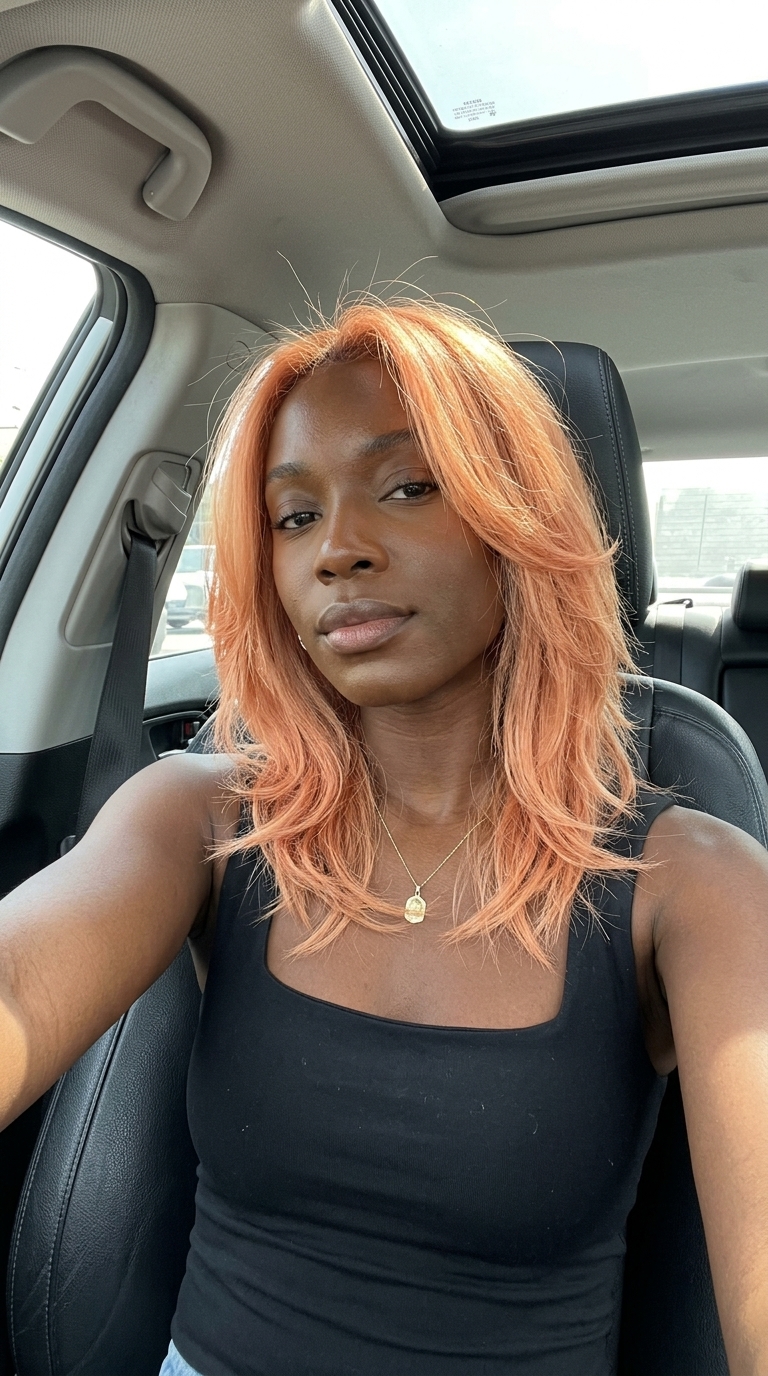 shoulder-length layered haircut with apricot crush and peach tones, choppy razored layers, no bangs — edgy festival style