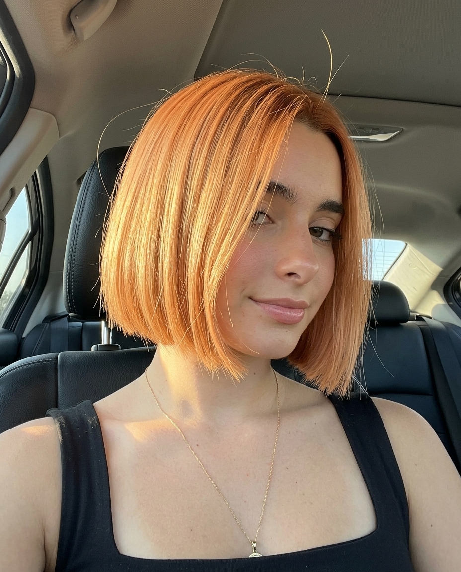 chin-length Italian bob with apricot strawberry blonde, pastel peach toner — playful chic