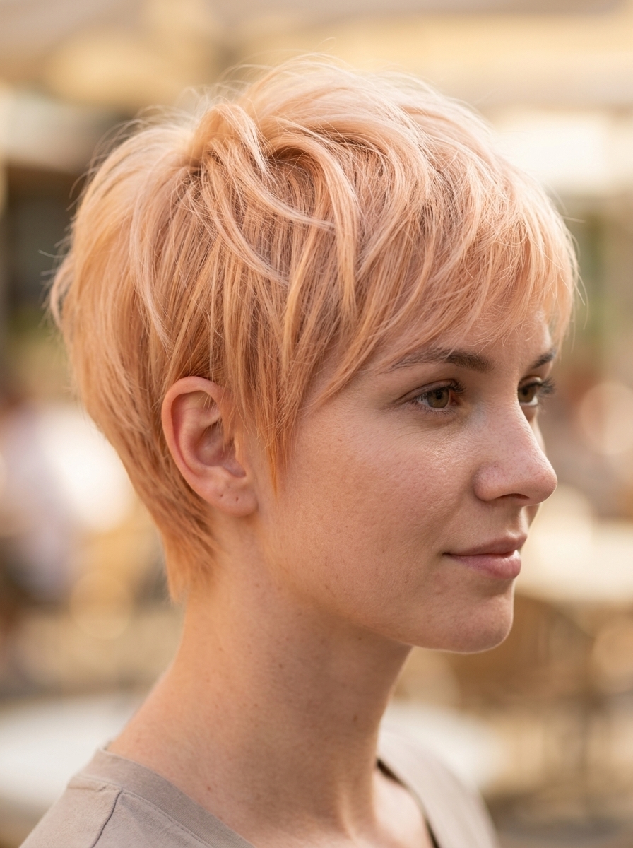 very short layered pixie haircut in soft peachy apricot blonde with rose gold tones, blended root, wispy face-framing for summer