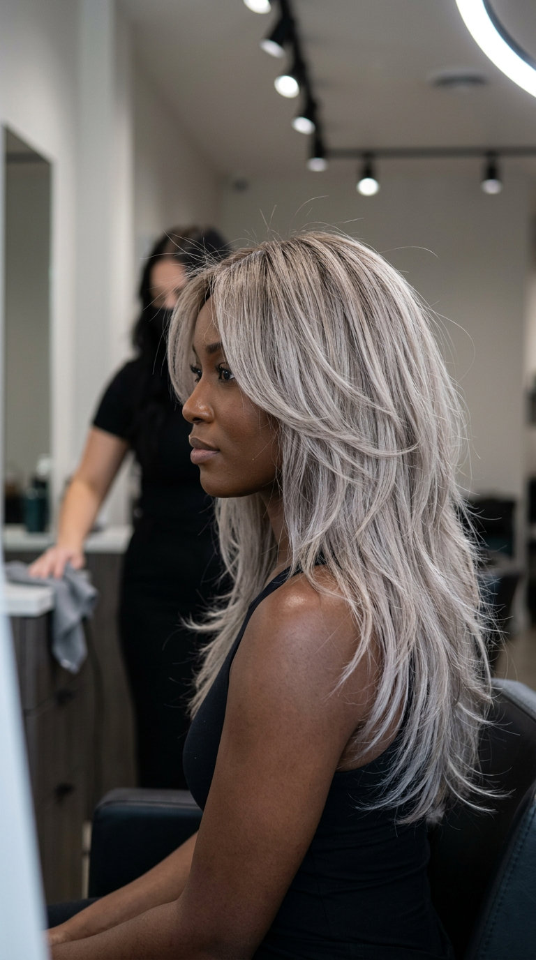 long textured haircut with cool ash blonde, deep point-cutting, and face-framing layers for music festival