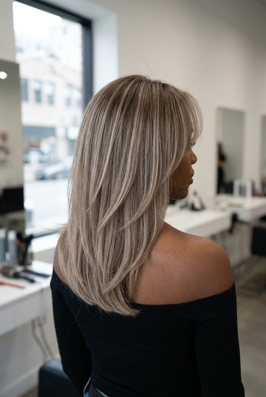 medium-length haircut with ash blonde babylights and wispy Birkin bangs for romantic effortlessness
