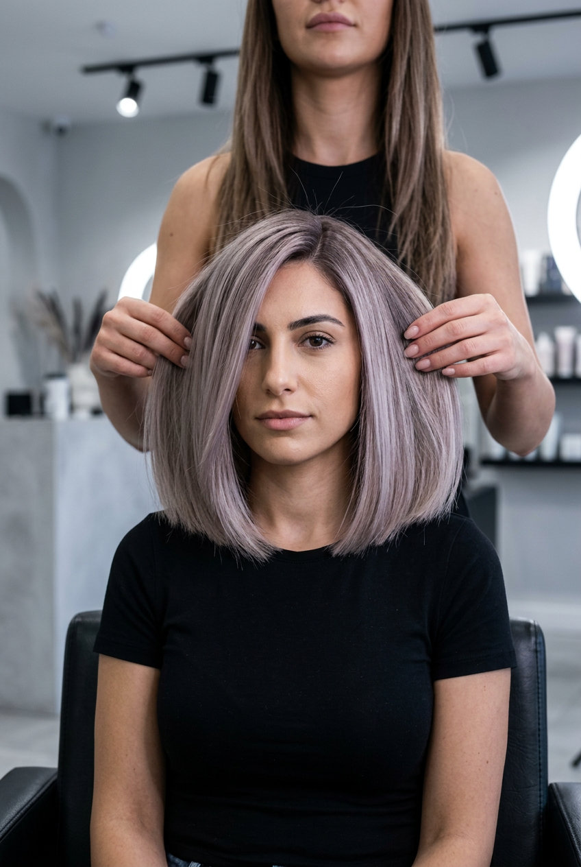 Metropolitan Ash Lob 2026 medium blunt lob haircut with ash blonde, cool violet-beige toner, deep side part — polished