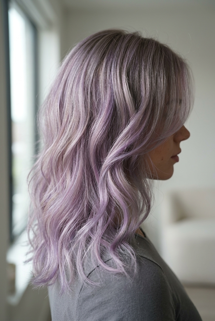medium-long ash blonde butterfly haircut with hidden lavender layers, wispy fringe — romantic, ethereal