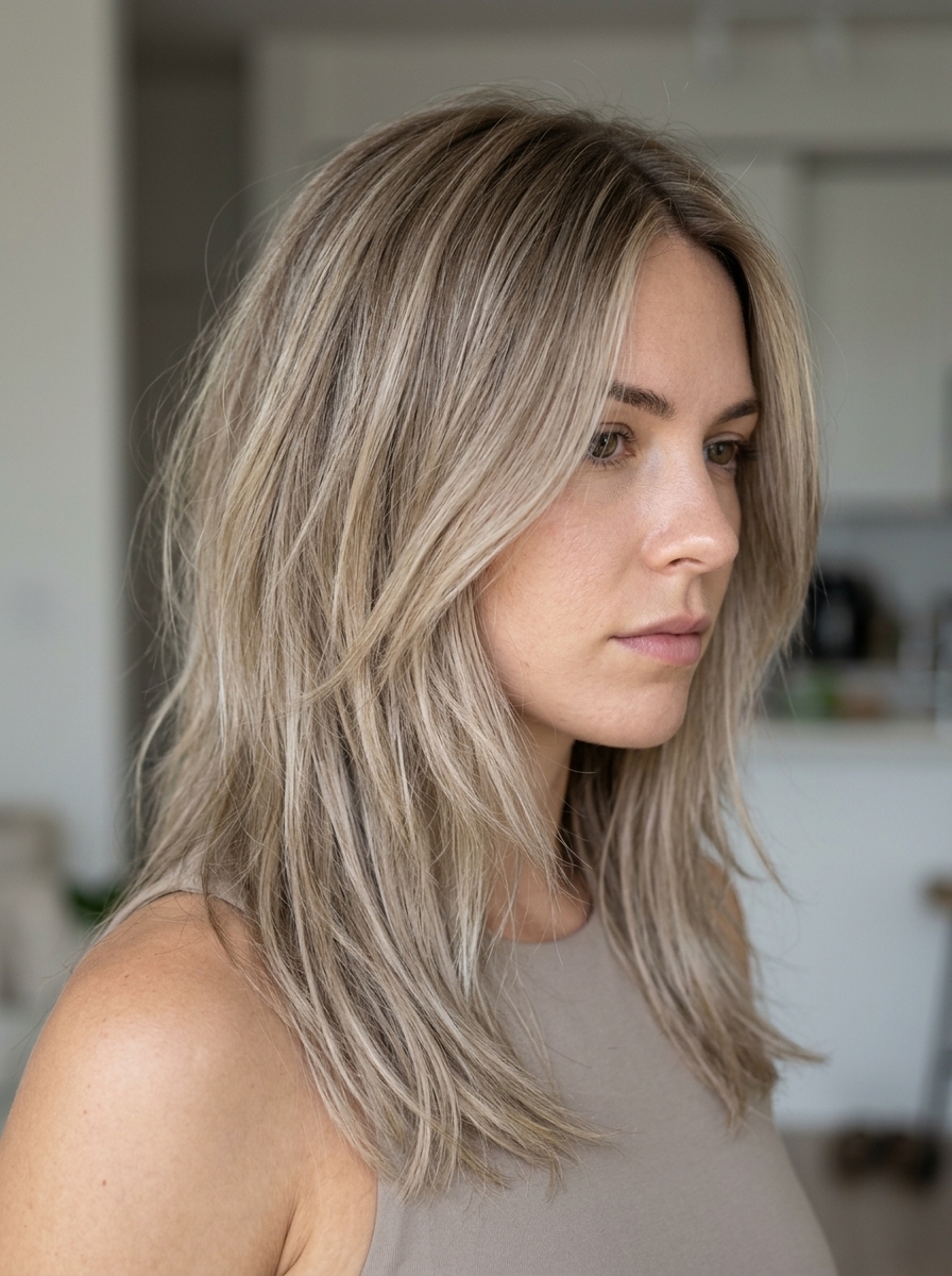 Ash Blonde Wolf Cut 2026: Effortless Cool medium-long ash blonde wolf cut with natural root, subtle layering, gentle U-shape — effortless