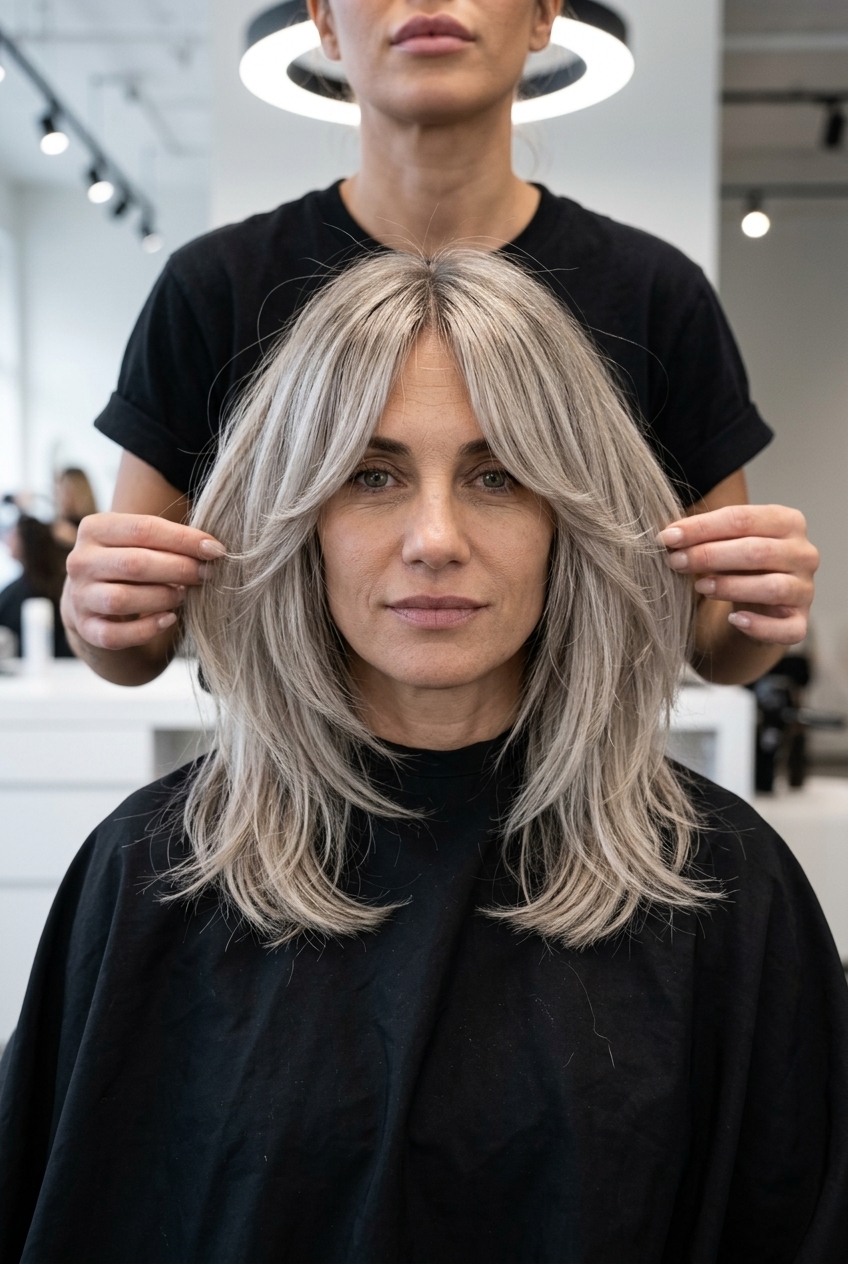 Edgy Ash Blonde Shag: Silver Undertones 2026 medium-length shag haircut with cool ash blonde & silver undertones, diffused layers, curtain fringe — edgy & playful