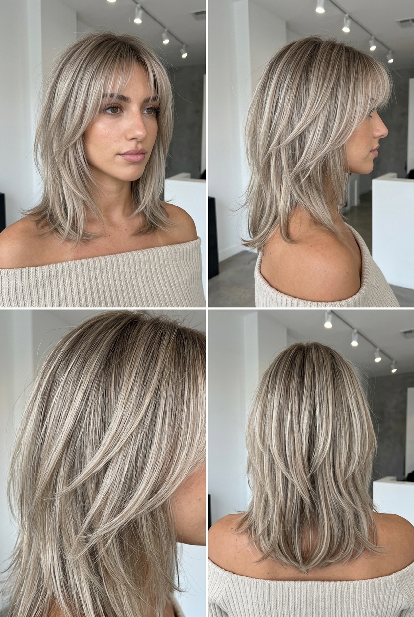 Ash Blonde Wolf Cut 2026 medium layered wolf cut in cool ash blonde with ash brown root smudge for chic look