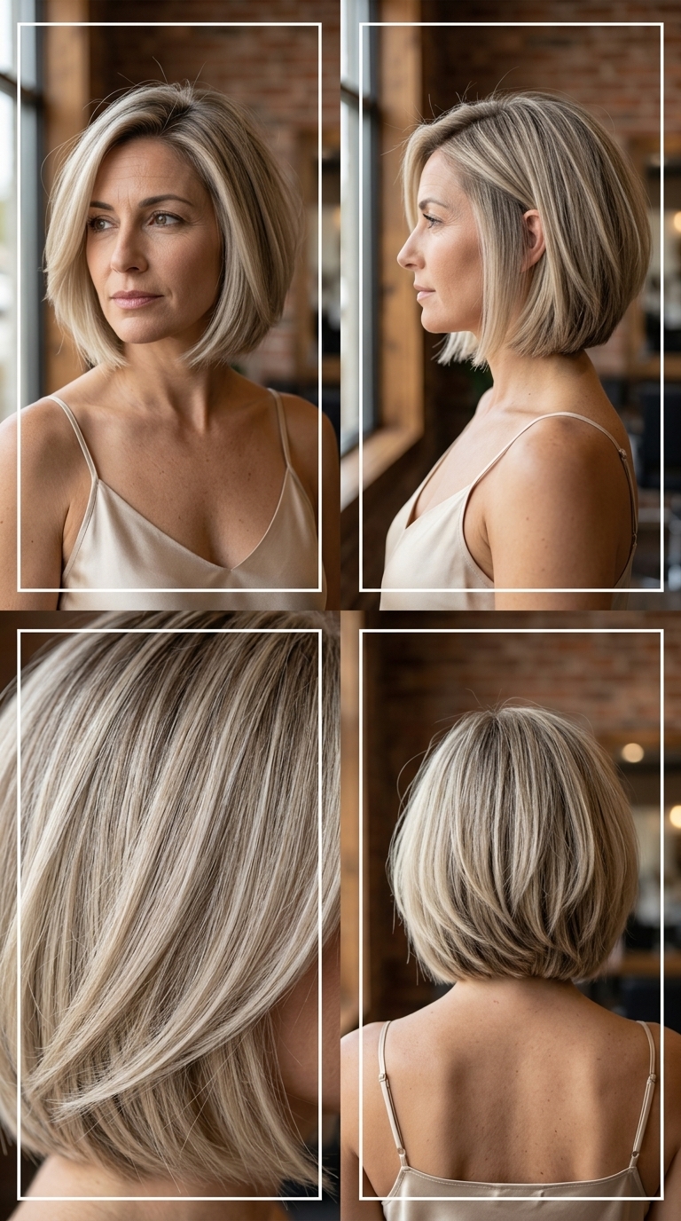 Ash Blonde Italian Bob: Cool Tones 2026 neck-grazing Italian bob haircut with ash blonde & beige undertones, point-cut texture, no bangs — voluminous & chic