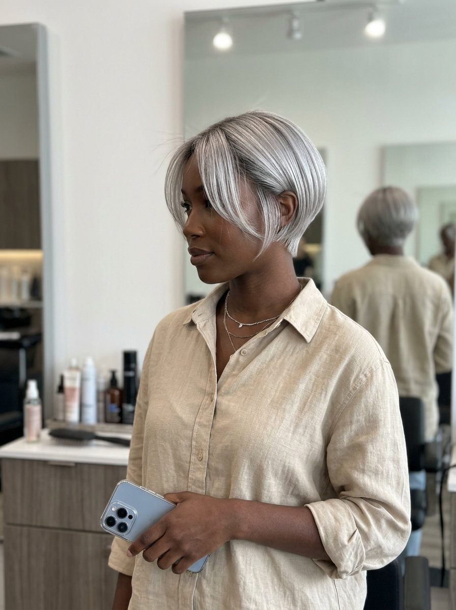 Scandi-Chic Ash Blonde Bixie 2026 short ash blonde bixie haircut with silver highlights, charcoal root smudge — minimalist, sophisticated