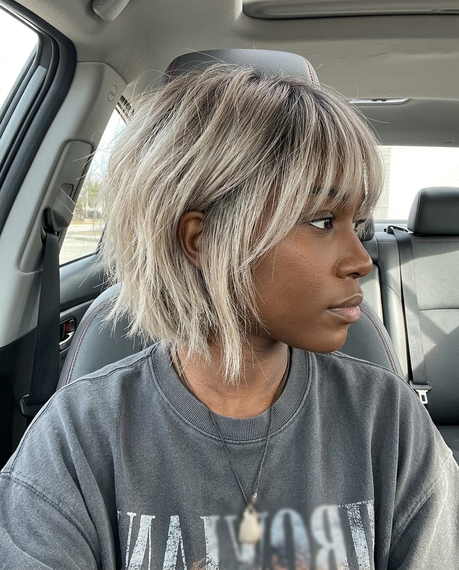 short ash blonde shaggy razor bob with wispy micro-fringe and charcoal root — edgy festival