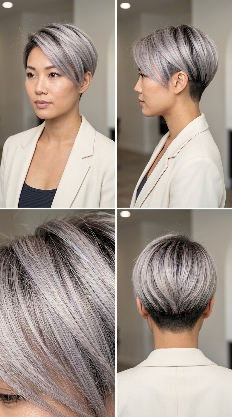short ash blonde undercut pixie haircut with silver and charcoal root, foiling, and bleach — modern