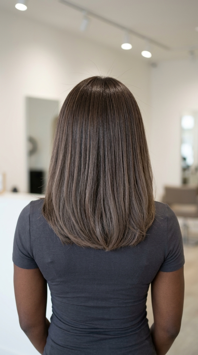 Subtle Ash Brown Dip-Dye Ends 2026 shoulder-length ash brown dip-dye ends with muted grey, subtle gradient for casual wear