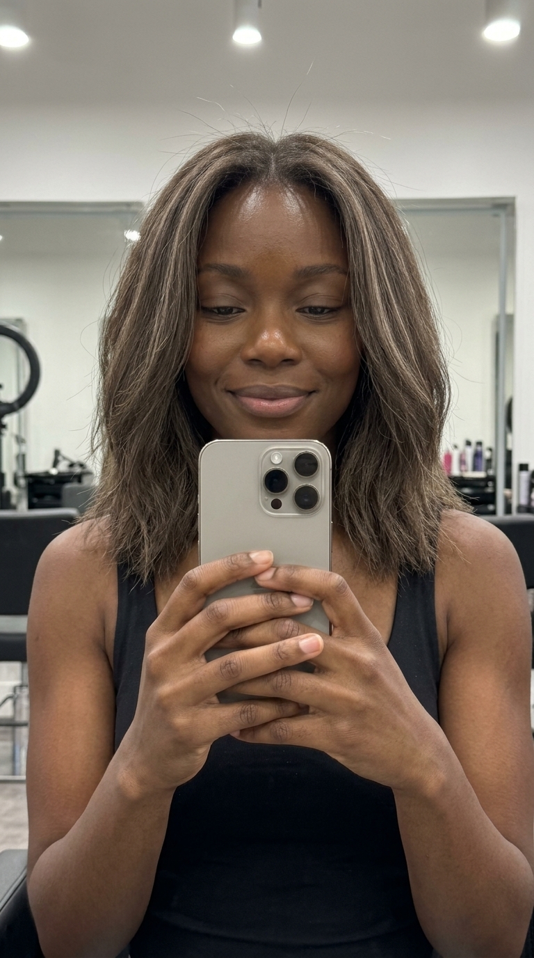 Textured Ash Brown Highlights 2026 long layered ash brown hair with scattered highlights, cool beige ash, soft dimension — natural effortless