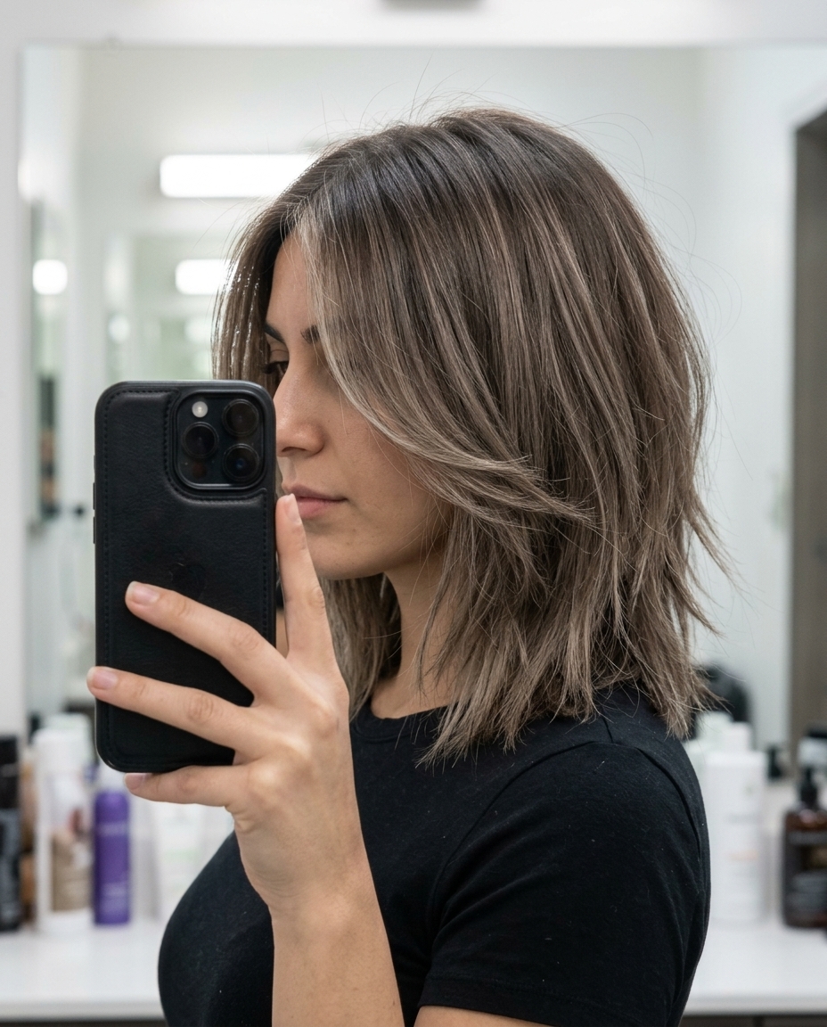 medium ash brown butterfly haircut with muted ash blonde babylights, choppy layers — edgy, effortless