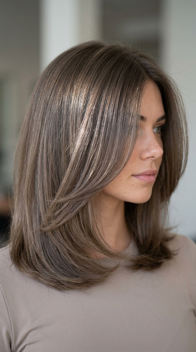 Parisian Chic Midi: Cool Ash Brown Haircut 2026 medium layered wavy haircut in cool ash brown with muted taupe lowlights and face-framing