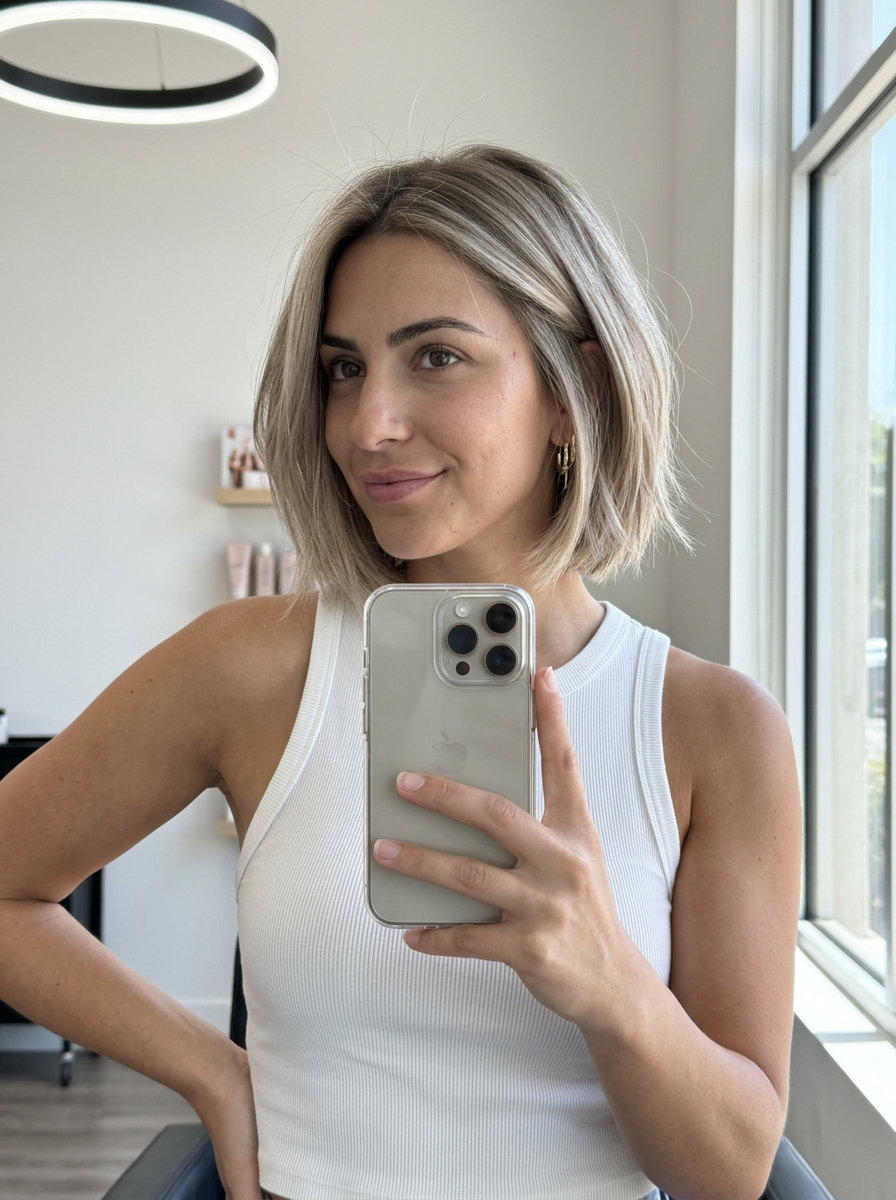chin-length ashy beige bob haircut with internal layers and no bangs for chic look