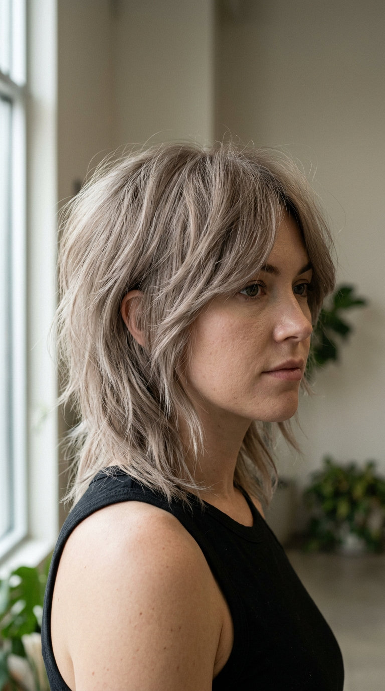 Smoky Quartz Wolf Cut 2026 medium layered wolf cut in ashy blonde with pearl micro-highlights for edgy style