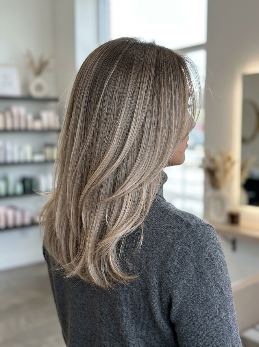 Ashy Bronde Ombré Hair 2026 long layered ash brown hair with ashy bronde ombré, cool beige blonde, seamless blend — playful summer