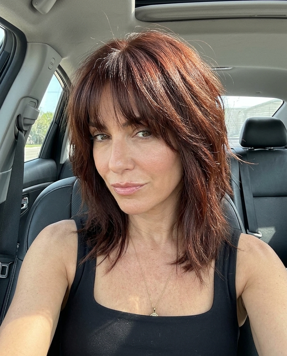 Edgy Auburn Shag Haircut 2026 collarbone-length shag haircut in deep auburn with mahogany undertones, choppy layers, and wispy fringe for summer