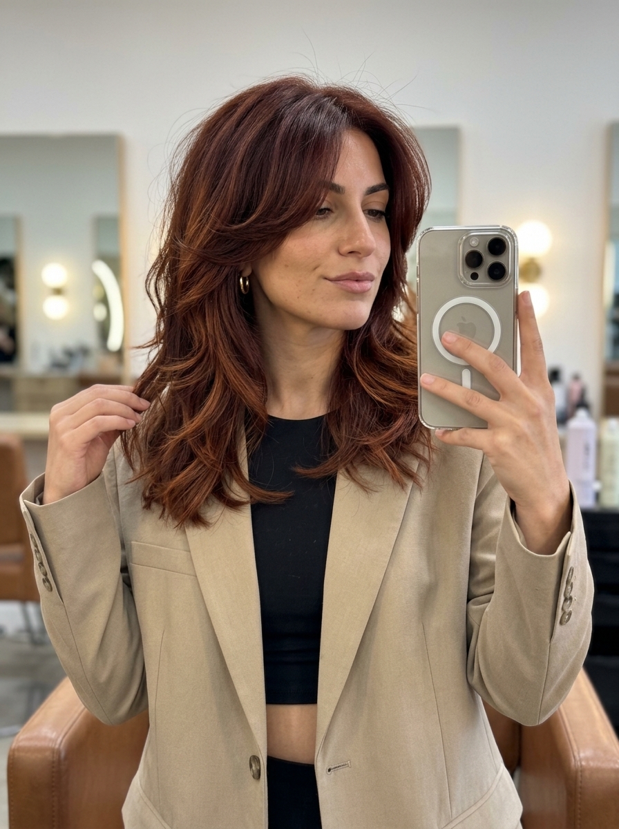 Copper Cascade Midi: Edgy Auburn Haircut 2026 medium layered wavy haircut in deep auburn with warm copper undertones and face-framing