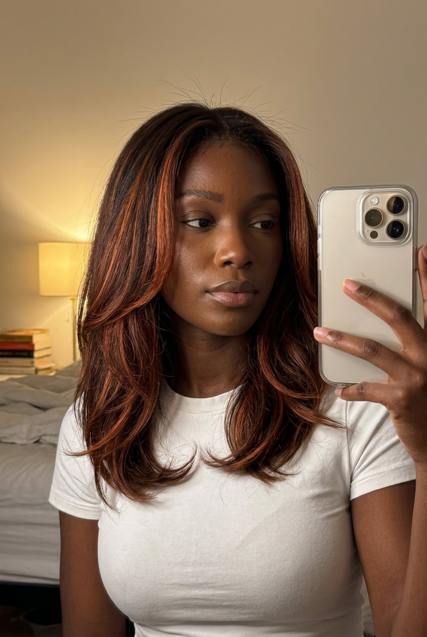 long auburn highlights with medium chocolate brown, copper-red ribbons — romantic weekend getaway
