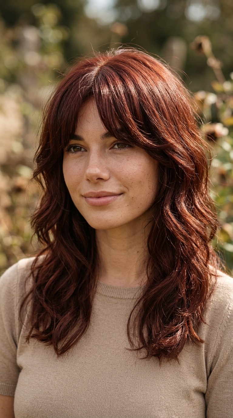 Deep Auburn Wolf Cut 2026: Soft & Romantic long auburn wolf cut with warm brown root, soft face-framing layers, feathered ends — romantic