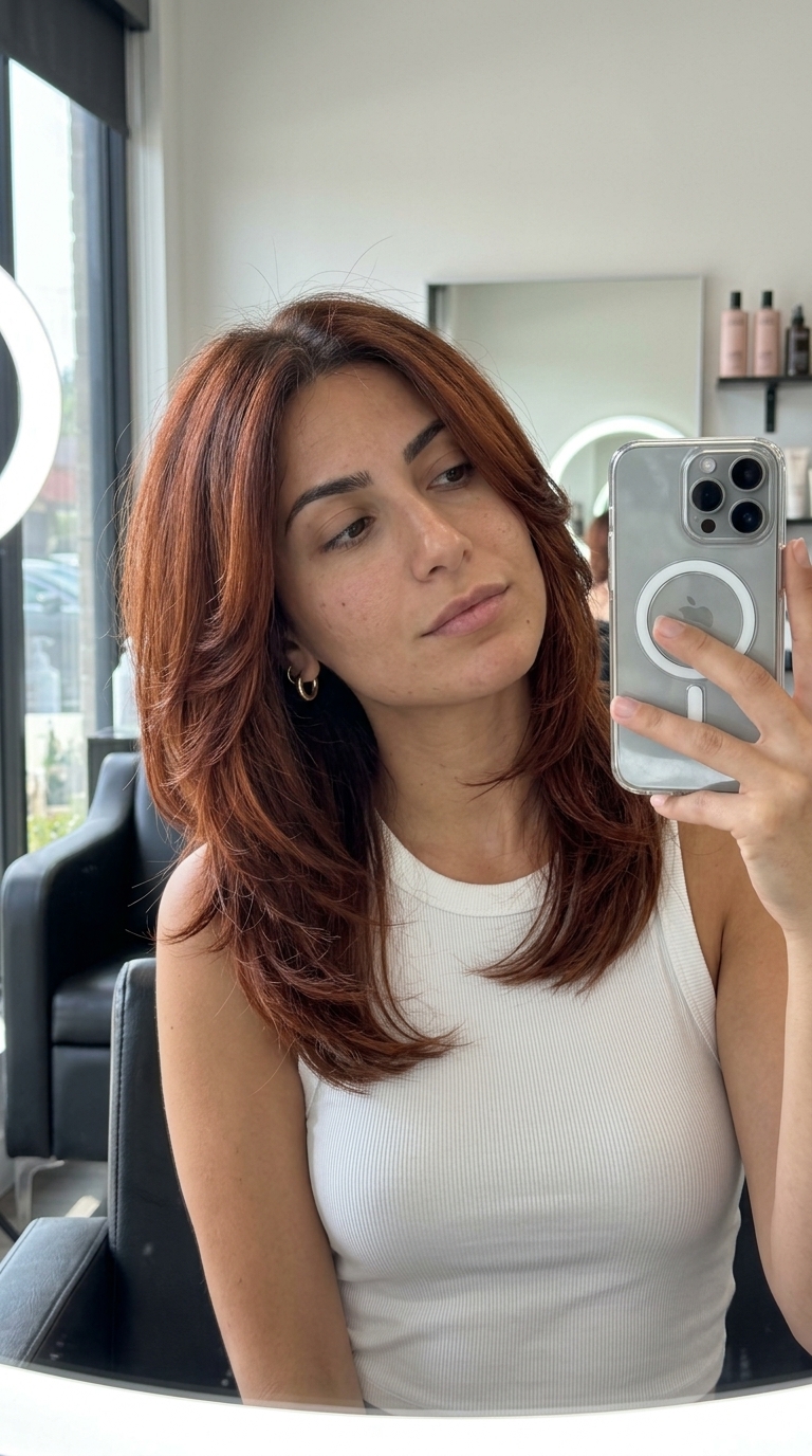 Auburn Shag Haircut 2026: Textured & Earthy mid-length shag haircut with deep auburn & copper tones, textured layers, face-framing layers — earthy bohemian style