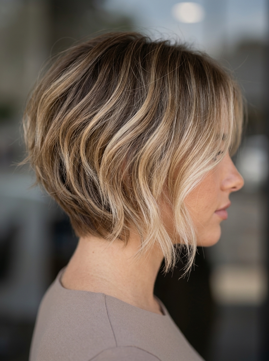 very short layered pixie haircut in warm auburn with golden copper undertones, face-framing pieces for soft romance