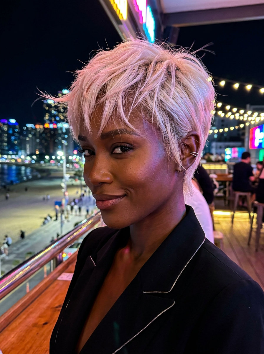 Edgy Aura Pink Pixie Haircut 2026 short textured pixie haircut with aura pink panels and platinum blonde base, razored cut, playful mood