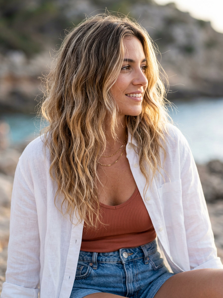 long sun-kissed balayage waves with sea salt spray for effortless summer beach