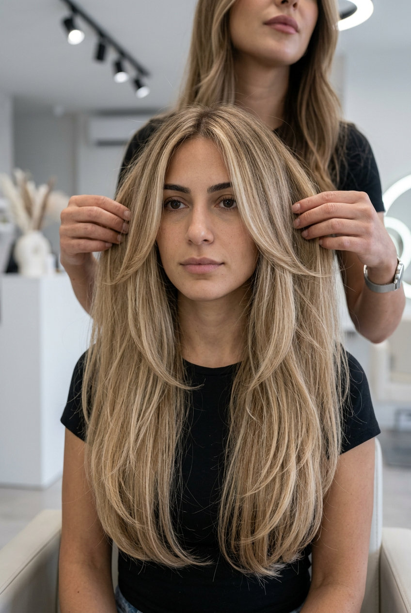 long layered haircut with warm beige blonde, sandy lowlights, and face-framing layers for beach day