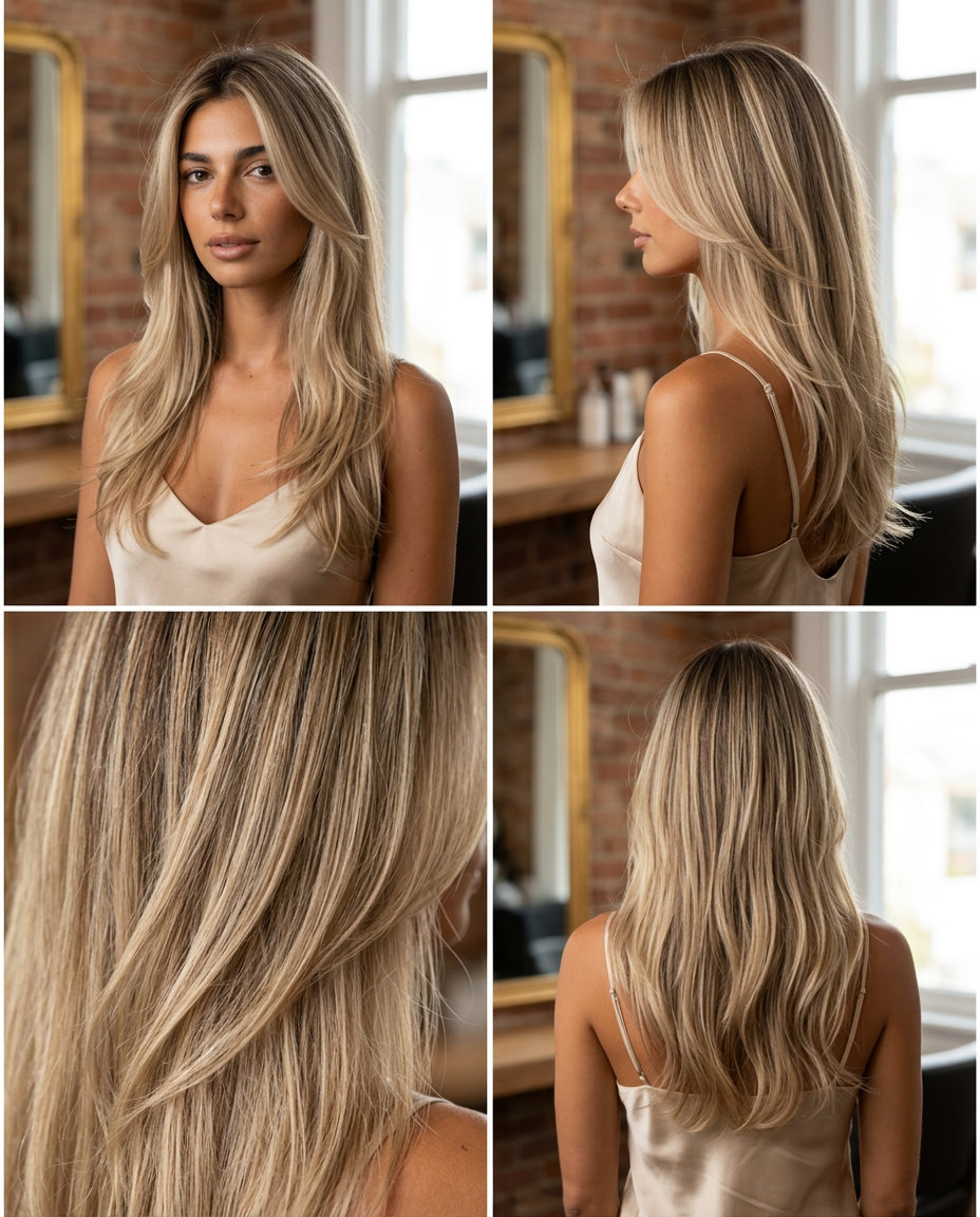 long layered haircut in neutral beige blonde, mushroom root smudge, U-shape back — sophisticated effortless chic