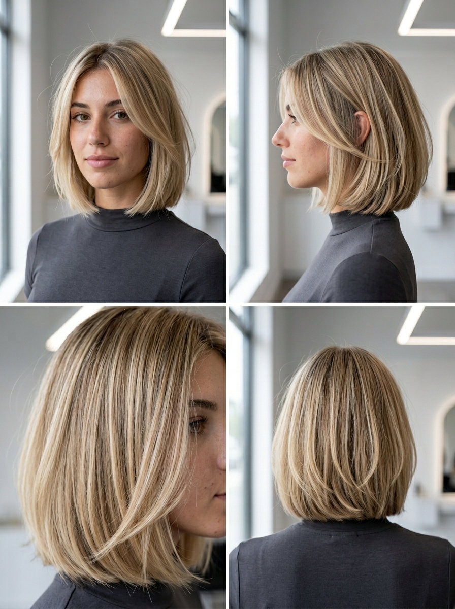 short beige blonde tousled bob with golden babylights and natural root for French chic