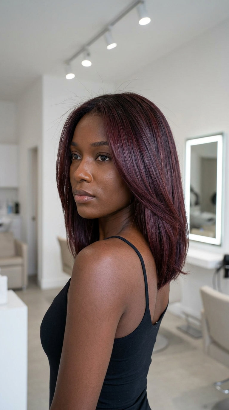 long black cherry cola balayage with ruby gloss, hand-painted, no fringe — sultry night out