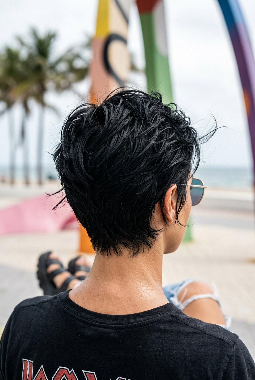 short black pixie haircut with piecey texture and styling wax for edgy summer