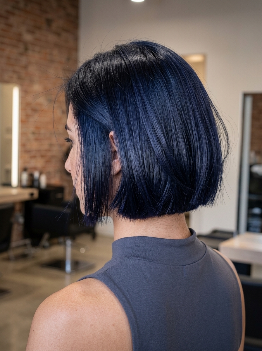 chin-length blue-black bob haircut with blunt perimeter and internal texture