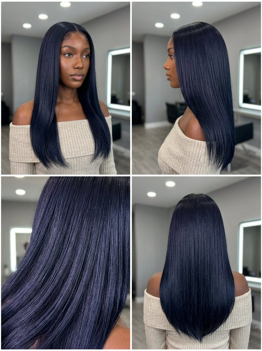 long blunt haircut with deep blue-black, violet undertones, and high gloss for formal event