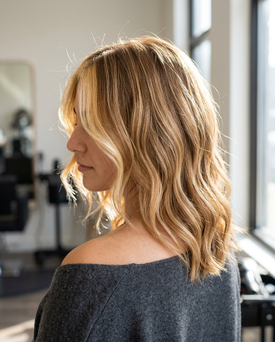 medium-length wavy honey blonde hair with bright face frame, high-contrast money pieces — bold weekend